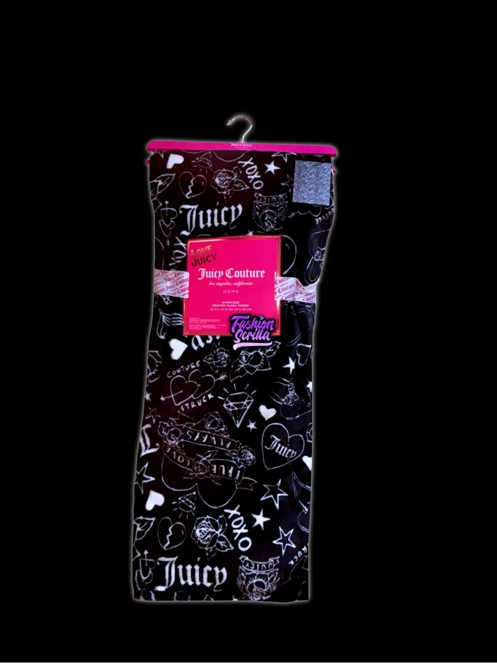 Juicy Couture RARE Oversized Plush Throw Blanket Y2K Tattoo Flash Doodle Design
